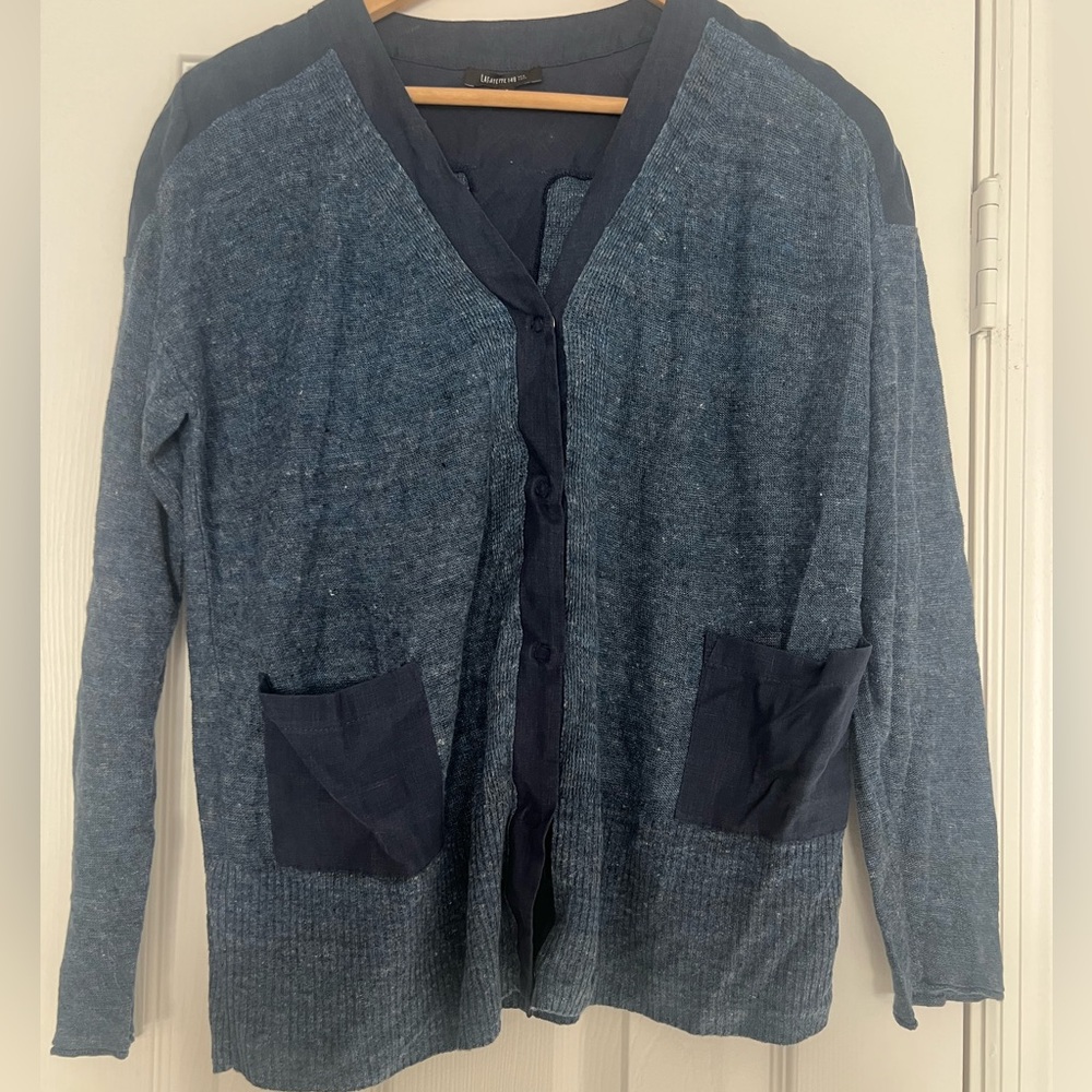 Lafayette 148 New York Deep Blue 100% Linen V Neck Cardigan